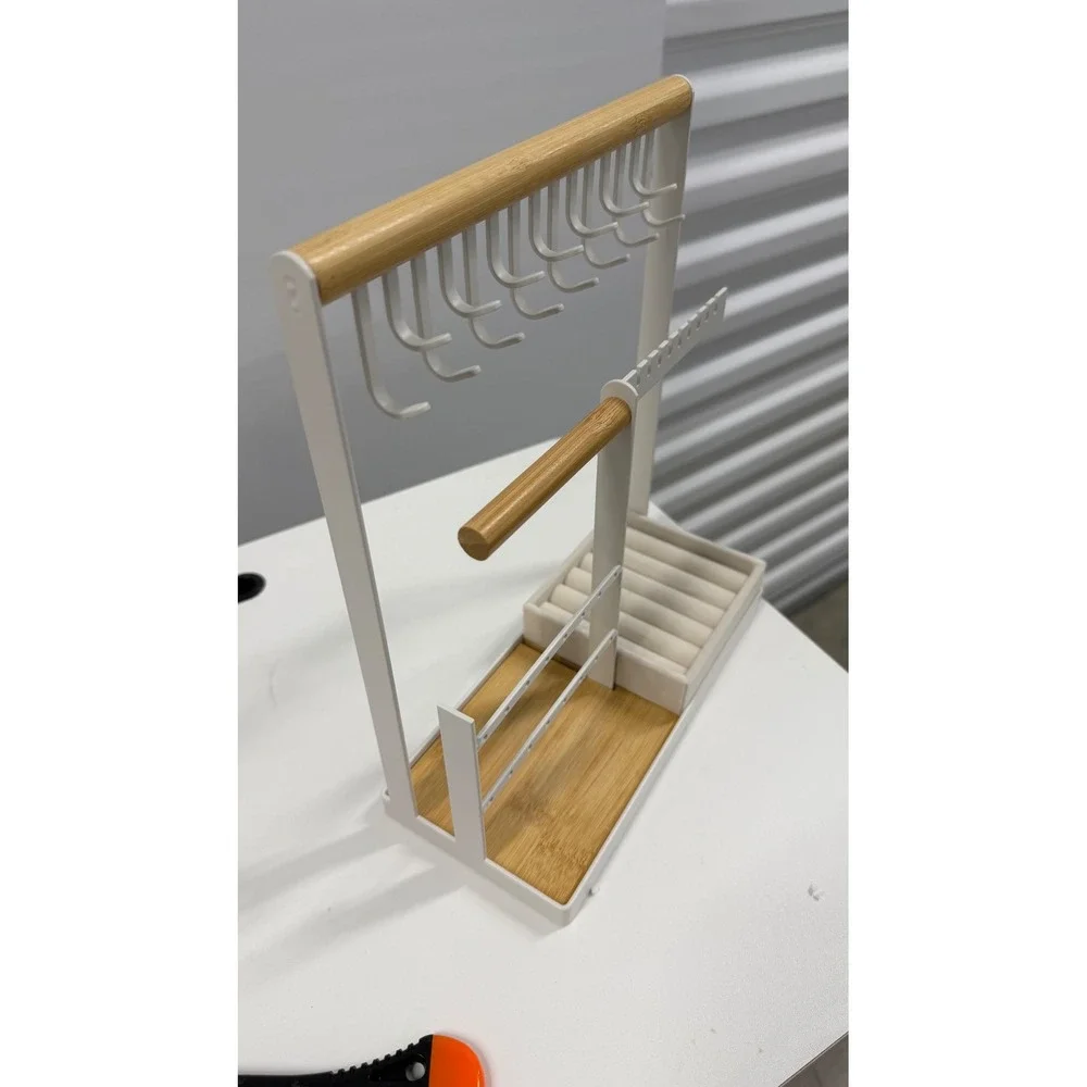 White Metal and Bamboo Jewelry Stand Organizer Necklace Holder Ring Tray